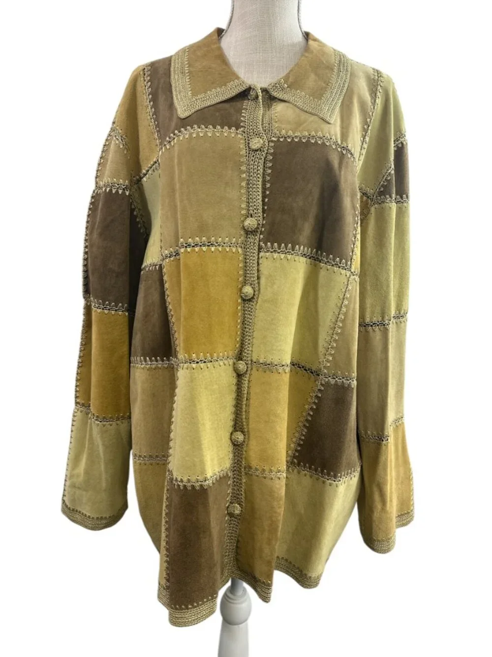 Denim & Co Womens 2X Patchwork Leather Suede Jacket Tan Brown Crochet Stitch 70s